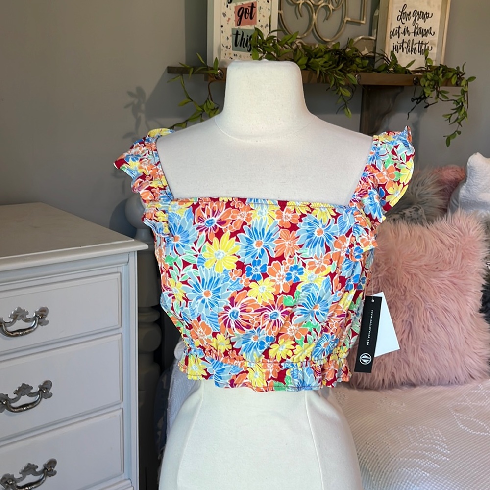 As U Wish Flutter Sleeve Crop Top Colorful Floral Womens Small
